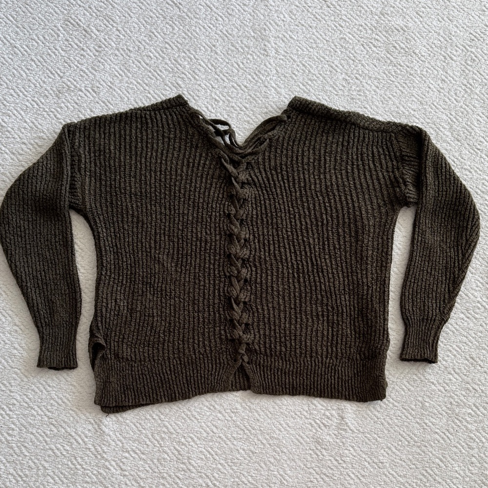 Sweet Wanderer olive Green Lace-Up Back Ribbed Sweater Sz M - Picture 1 of 5